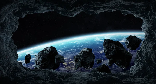 Mörka Asteroider Flyger Nära Planeten Jorden Visa Från Grotta Rendering — Stockfoto