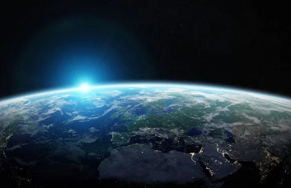 在空间的蓝色行星地球的看法与她的大气欧洲大陆3D 渲染这个图像的元素由 Nasa — 图库照片