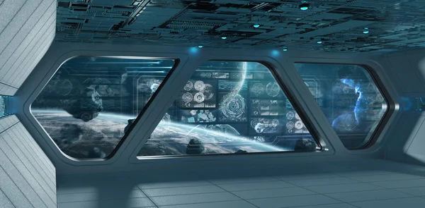 Interior Azul Nave Espacial Espaço Com Telas Painel Controle Renderização — Fotografia de Stock