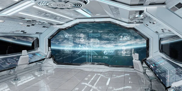 White spaceship interior in space with control panel digital screens 3D rendering