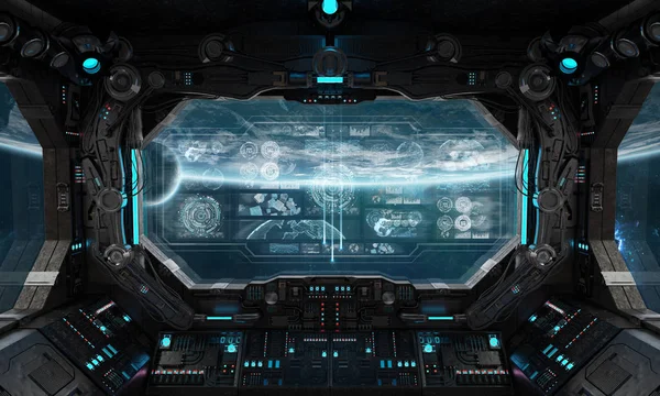 Dark spaceship interior in space with control panel digital screens 3D rendering