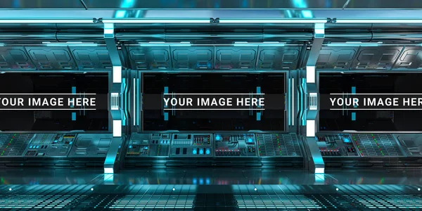 Blue spaceship interior control panel station 3D rendering