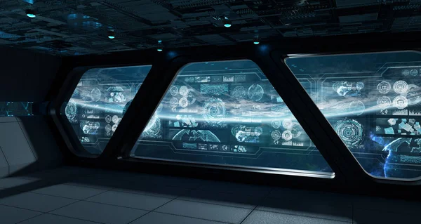 Dark spaceship interior in space with control panel digital screens 3D rendering