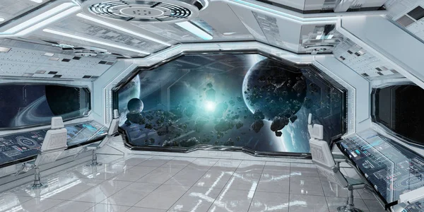 White Clean Spaceship Interior View Distant Planets System Rendering Elements — Stock Photo, Image