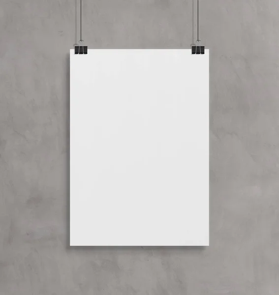 Blank White Poster Hanging Front Concrete Wall Clips Mockup — Stock Photo, Image