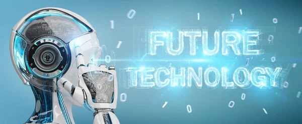 White Woman Robot Blurred Background Using Future Technology Text Hologram — Stock Photo, Image