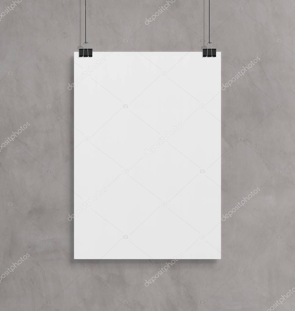 Blank white poster hanging up with in front of concrete wall clips mockup