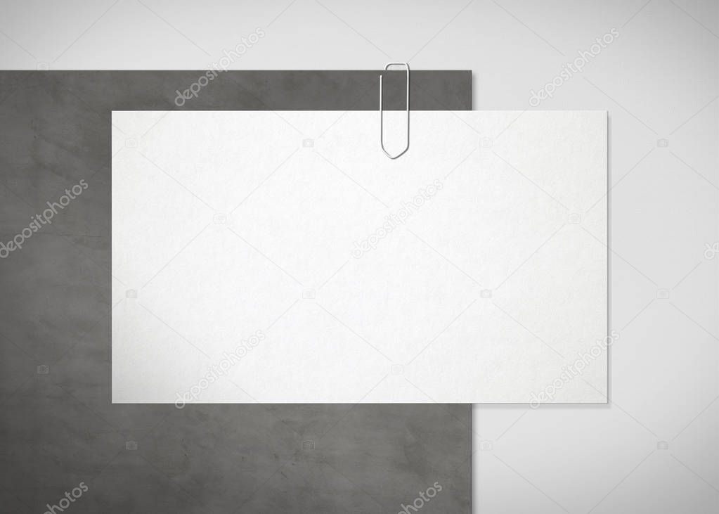 White blank business cards clipped on concrete plate 3D rendering
