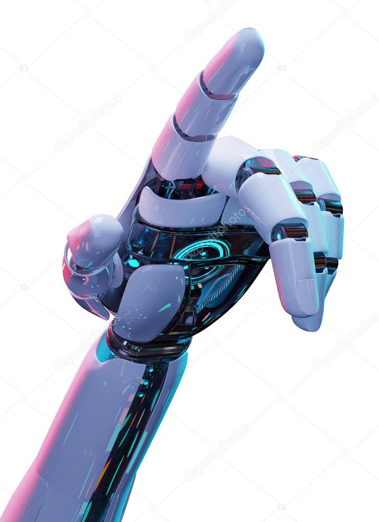 White cyborg pointing his finger isolated on white background 3D rendering