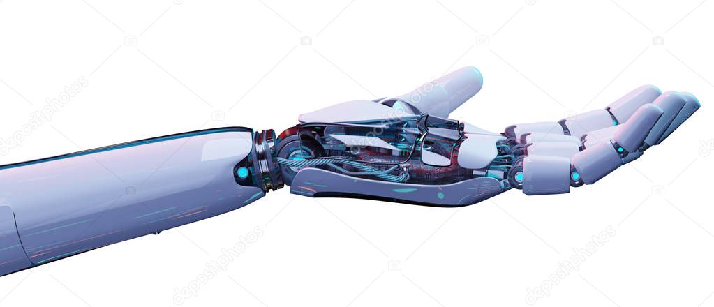 White cyborg opening his hand isolated on white background 3D rendering