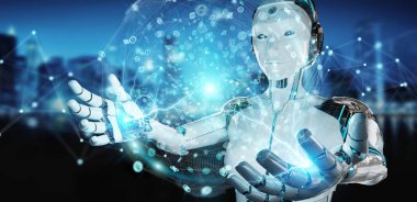 Beyaz kadın insanımsı dijital küresel ağ 3B oluşturmayı kullanarak arka plan bulanık üzerinde