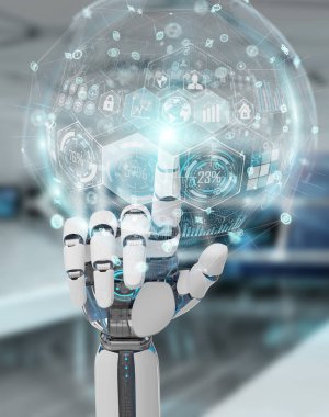 Beyaz cyborg el dijital grafik arabirimi 3d rendering kullanarak arka plan bulanık üzerinde