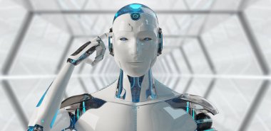 Beyaz erkek cyborg düşünme ve uzay arka plan 3d render kafasına dokunmak