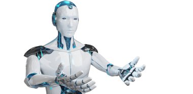 Beyaz erkek cyborg beyaz zemin üzerine 3d render izole onun iki eli açma