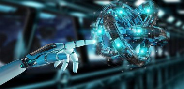 Beyaz robot el bulanık arka plan geleceğin teknolojisi yapısı 3d render oluşturma