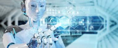 Dijital veriler arabirimi 3d rendering kullanarak bulanık arka plan üzerinde beyaz kadın cyborg