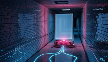 Kirli yeraltı metro istasyonu mockup 3d render mavi ve pembe fütüristik panoda