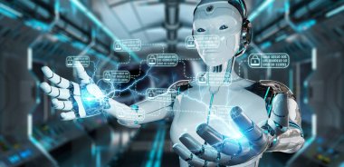 Kesmek ve özel siber veriler erişme bulanık arka plan üzerinde beyaz robot