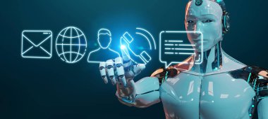 İnce çizgi iletişim simgesini kullanarak arka plan bulanık üzerinde beyaz cyborg
