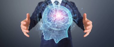 Yapay zeka 3d render oluşturma bulanık arka plan üzerinde işadamı