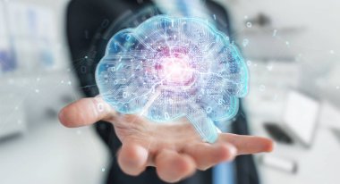 Yapay zeka bir dijital beyin 3d render oluşturma bulanık arka plan üzerinde işadamı