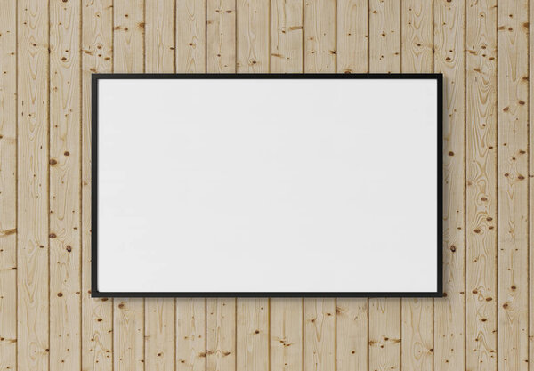 Black rectangular horizontal frame hanging on a wood textured wall mockup 3D rendering