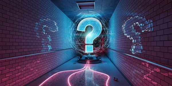 Blue and pink question marks digital hologram in underground 3D rendering