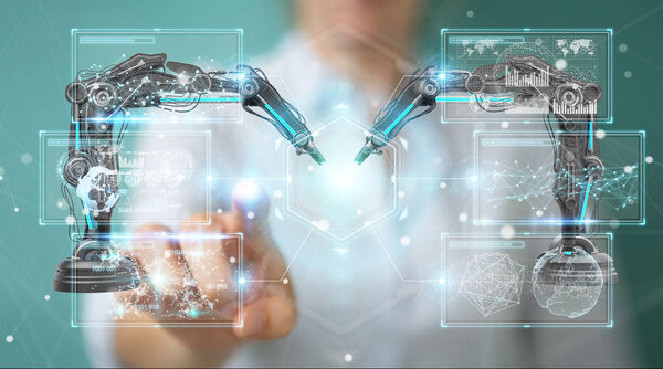 Businesswoman on blurred background using robotics arms with digital screen 3D rendering