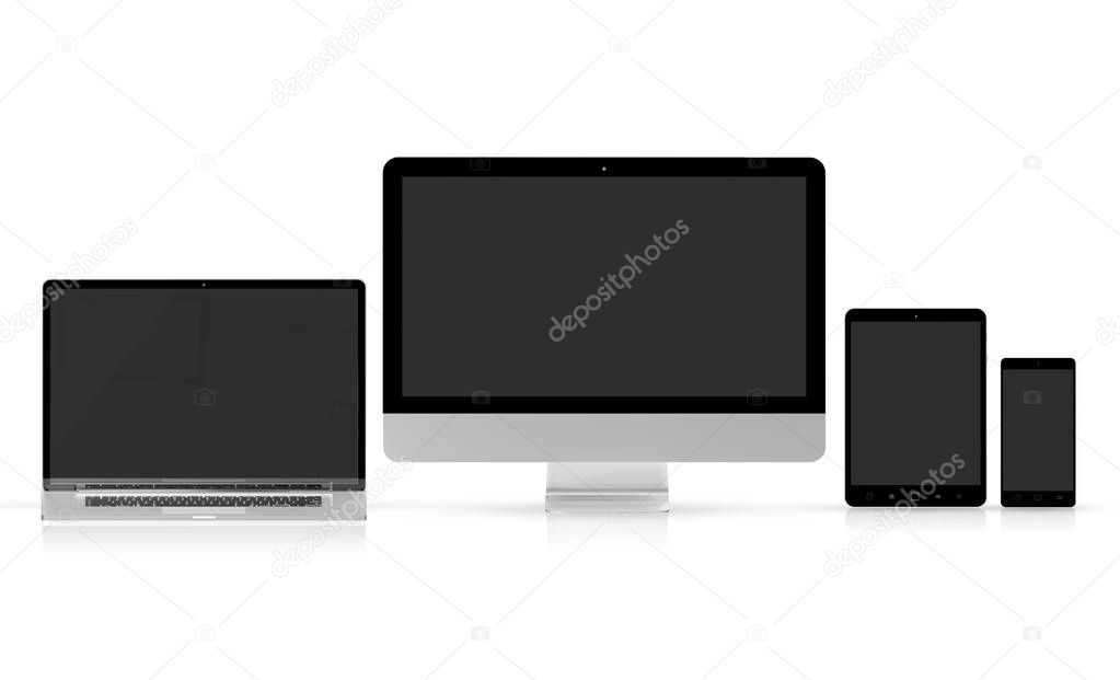 Modern tech devices collection isolated on white background 3d rendering