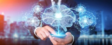 İşadamı cep telefonu 3d render ile dijital bir beyin yapay zeka oluşturma