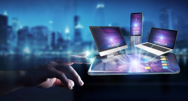 Modern cihazlarla 3d render işadamı elinde birbirine bağlı