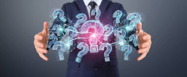 İşadamı bulanık arka plan dijital soru işaretleri 3d render ile sorun çözme