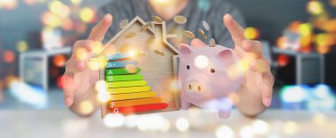 İşadamı iyi enerji grafik rating 3d render ile para tasarrufu bulanık arka plan üzerinde