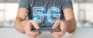 İşadamı 5 g ağ dijital hologram 3B oluşturmayı kullanarak arka plan bulanık üzerinde