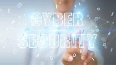 İşkadını siber güvenlik metin hologram 3B oluşturmayı kullanarak arka plan bulanık üzerinde