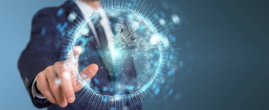 İşadamı üzerinde küre ağ hologram Avrupa ile harita 3B oluşturmayı kullanarak arka plan bulanık
