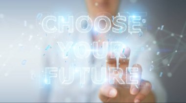 İşkadını gelecek metin arabirimi 3d rendering kullanarak arka plan bulanık üzerinde