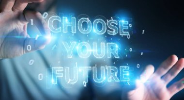 İşadamı gelecek metin arabirimi 3d rendering kullanarak arka plan bulanık üzerinde