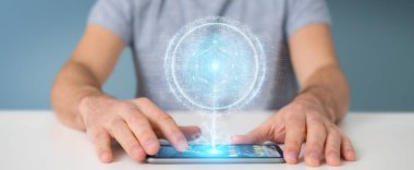 İşadamı dijital küre bağlantısı hologram 3B oluşturmayı kullanarak arka plan bulanık üzerinde