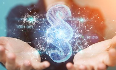 İşkadını 3d işleme dijital paragraf hukuk simgesini kullanarak arka plan bulanık üzerinde