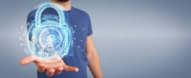 Arka plan bulanık 3d render üzerinde işadamı tarafından kullanılan web güvenlik koruma arayüzü