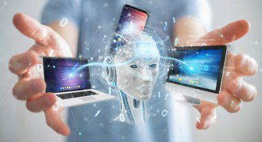 İşadamı üzerinde beyaz insanımsı modern cihazlarla 3d render kontrol kullanarak arka plan bulanık