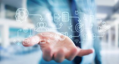 İnce çizgi simgesini proje planı sunusu kullanarak arka plan bulanık üzerinde işadamı