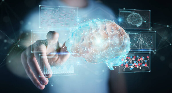 Бизнесмен на размытом фоне, используя цифровую 3D проекцию человеческого мозга 3D рендеринг
