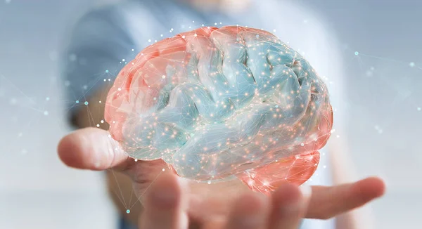 Empresário Fundo Desfocado Usando Projeção Digital Uma Renderização Cérebro Humano — Fotografia de Stock