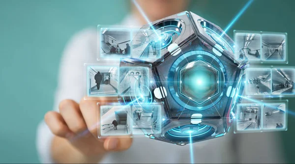 Businesswoman Blurred Background Using Futuristic Drone Security Camera Rendering — Stock Photo, Image
