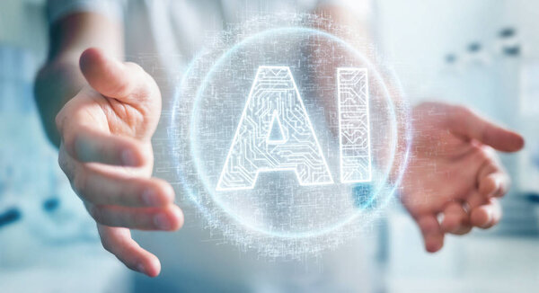 Businessman on blurred background using digital artificial intelligence icon hologram 3D rendering