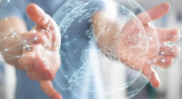 Planet earth ağ küre arabirimi 3d rendering kullanarak arka plan bulanık üzerinde işadamı