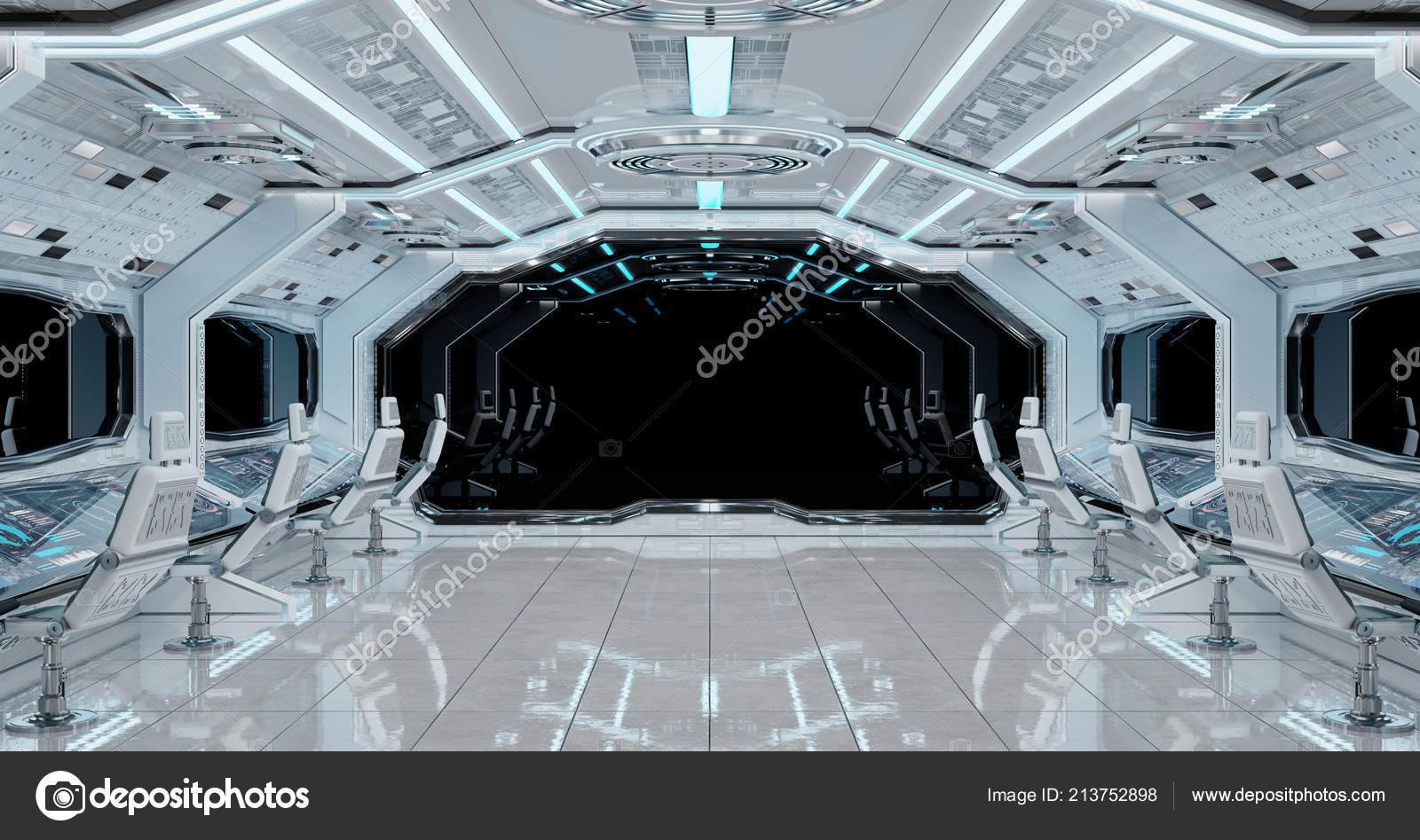 White Clean Spaceship Interior Black Background Rendering Stock