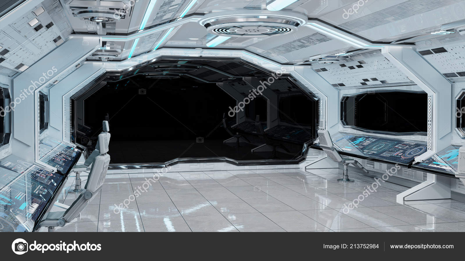 White Clean Spaceship Interior Black Background Rendering
